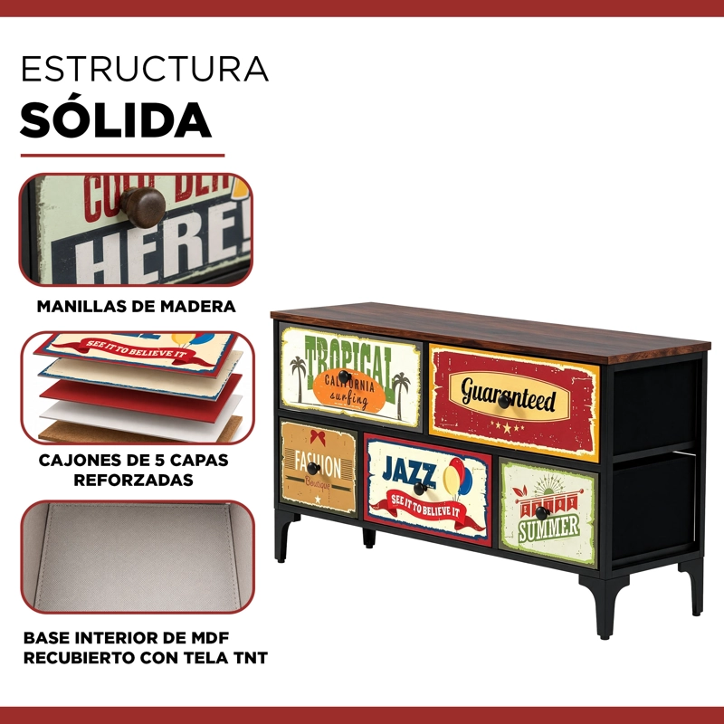 COMODA CAJONERA VINTAGE RETRO 5 CAJONES CARRY ALL DISEÑO METALICO MATE - 3