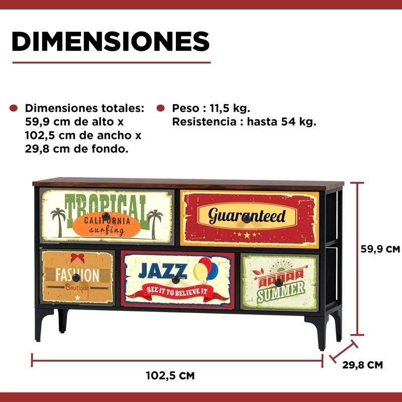 COMODA CAJONERA VINTAGE RETRO 5 CAJONES CARRY ALL DISEÑO METALICO MATE - 4