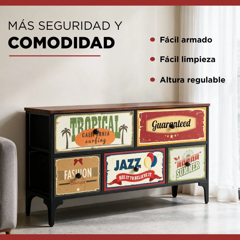 COMODA CAJONERA VINTAGE RETRO 5 CAJONES CARRY ALL DISEÑO METALICO MATE - 8