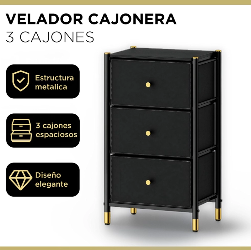 VELADOR CAJONERA 3 CAJONES ARMAZON METAL CUBIERTA MADERA CAJONES ECO CUERO - 2