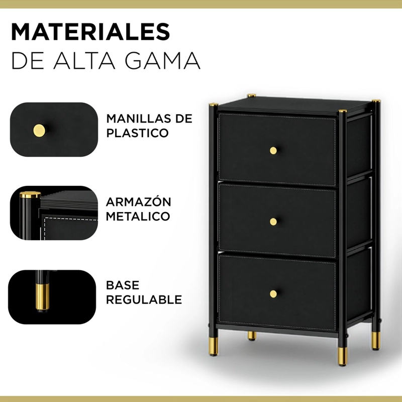 VELADOR CAJONERA 3 CAJONES ARMAZON METAL CUBIERTA MADERA CAJONES ECO CUERO - 3