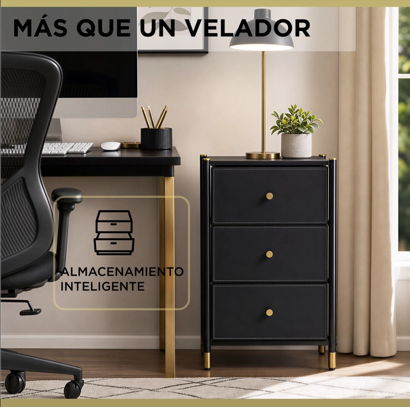 VELADOR CAJONERA 3 CAJONES ARMAZON METAL CUBIERTA MADERA CAJONES ECO CUERO - 5