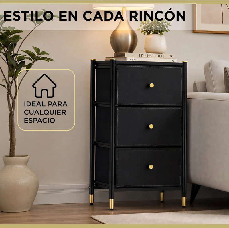 VELADOR CAJONERA 3 CAJONES ARMAZON METAL CUBIERTA MADERA CAJONES ECO CUERO - 6