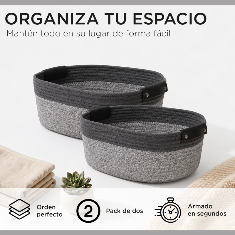 Canastos Organizadores Carry All Basket L Pack 2 Algodón Manillas Nordico Cesta - 2