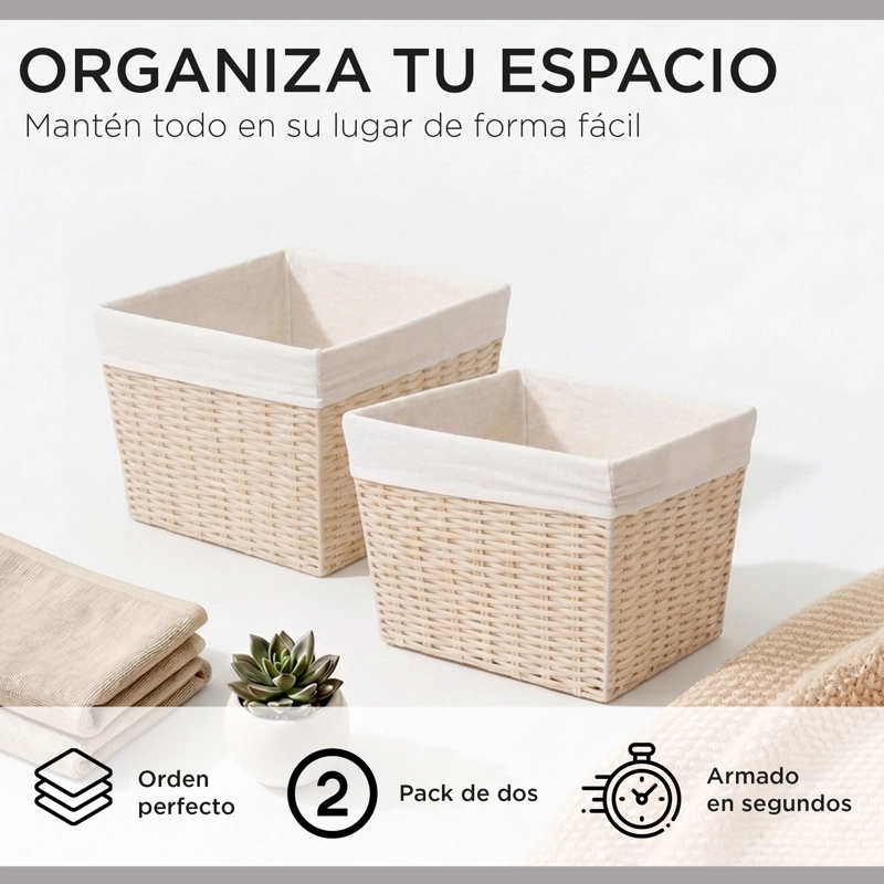 PACK 2 CANASTOS CESTAS ORGANIZADORAS CARRY ALL  ESTILO RATAN CREMA M - 2