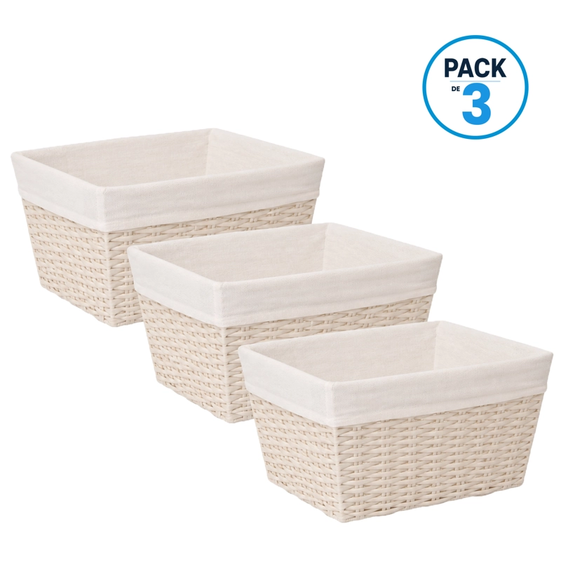 PACK 3 CANASTOS CESTAS ORGANIZADORAS CARRY ALL  ESTILO RATAN CREMA S - 1