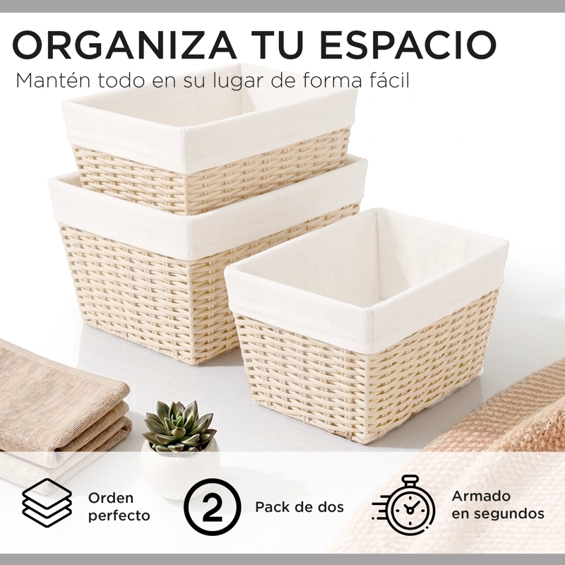 PACK 3 CANASTOS CESTAS ORGANIZADORAS CARRY ALL  ESTILO RATAN CREMA S - 2