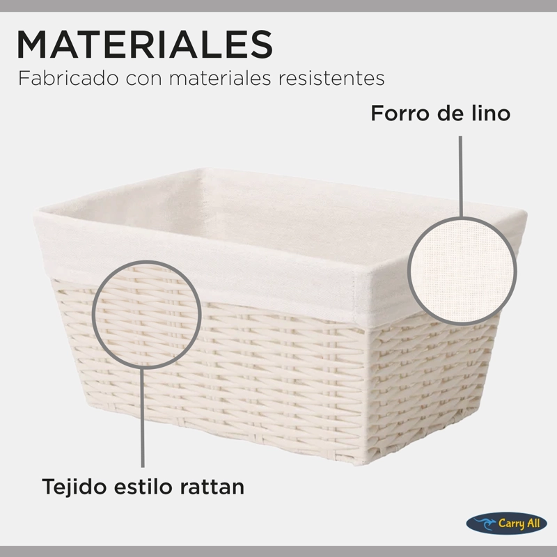 PACK 3 CANASTOS CESTAS ORGANIZADORAS CARRY ALL  ESTILO RATAN CREMA S - 3
