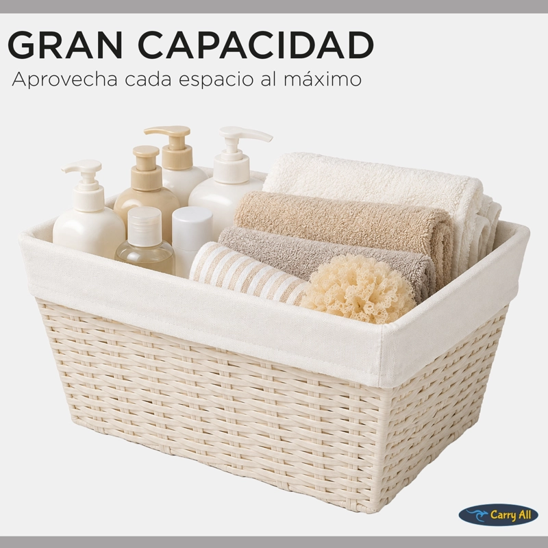 PACK 3 CANASTOS CESTAS ORGANIZADORAS CARRY ALL  ESTILO RATAN CREMA S - 4