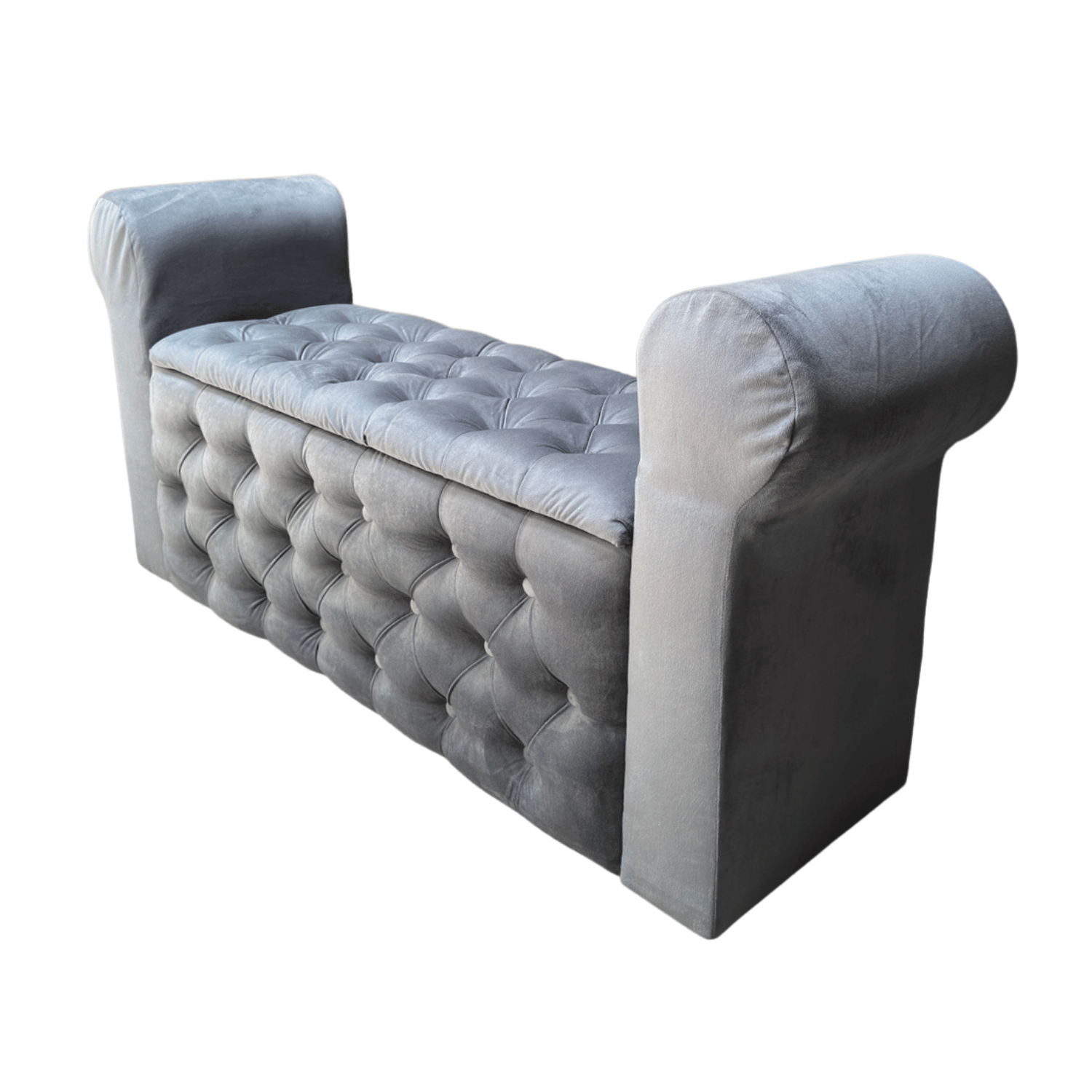 BANQUETA MUEBLES RIMAR GRIS BAUL CAPITONE CON BRAZO FELPA 134X40X50X40 - 3
