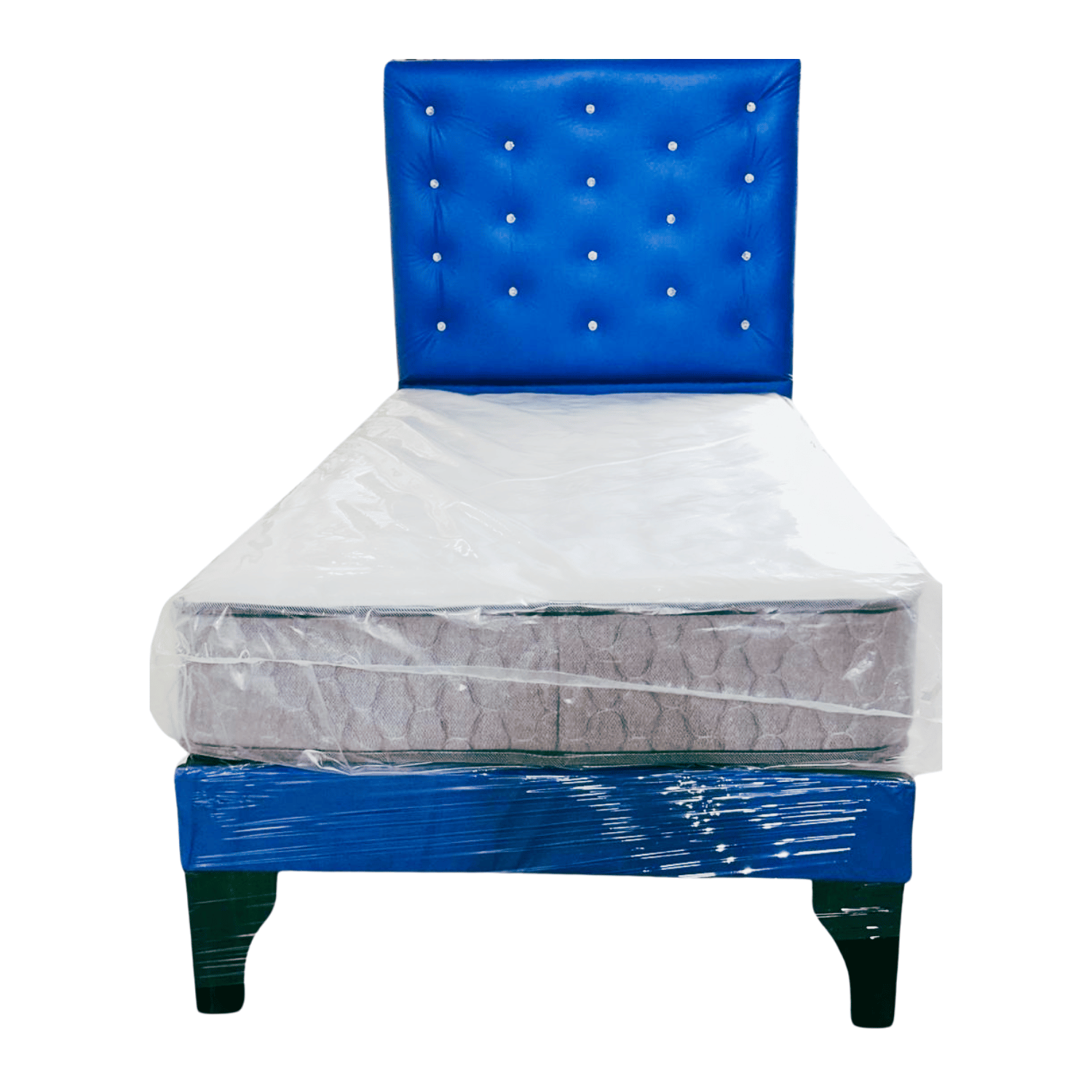 CAMA EUROPEA MUEBLES RIMAR 1 PLAZA RESPALDO AZUL ECO CUERO DIAMANTE COLCHON RESORTE - 1