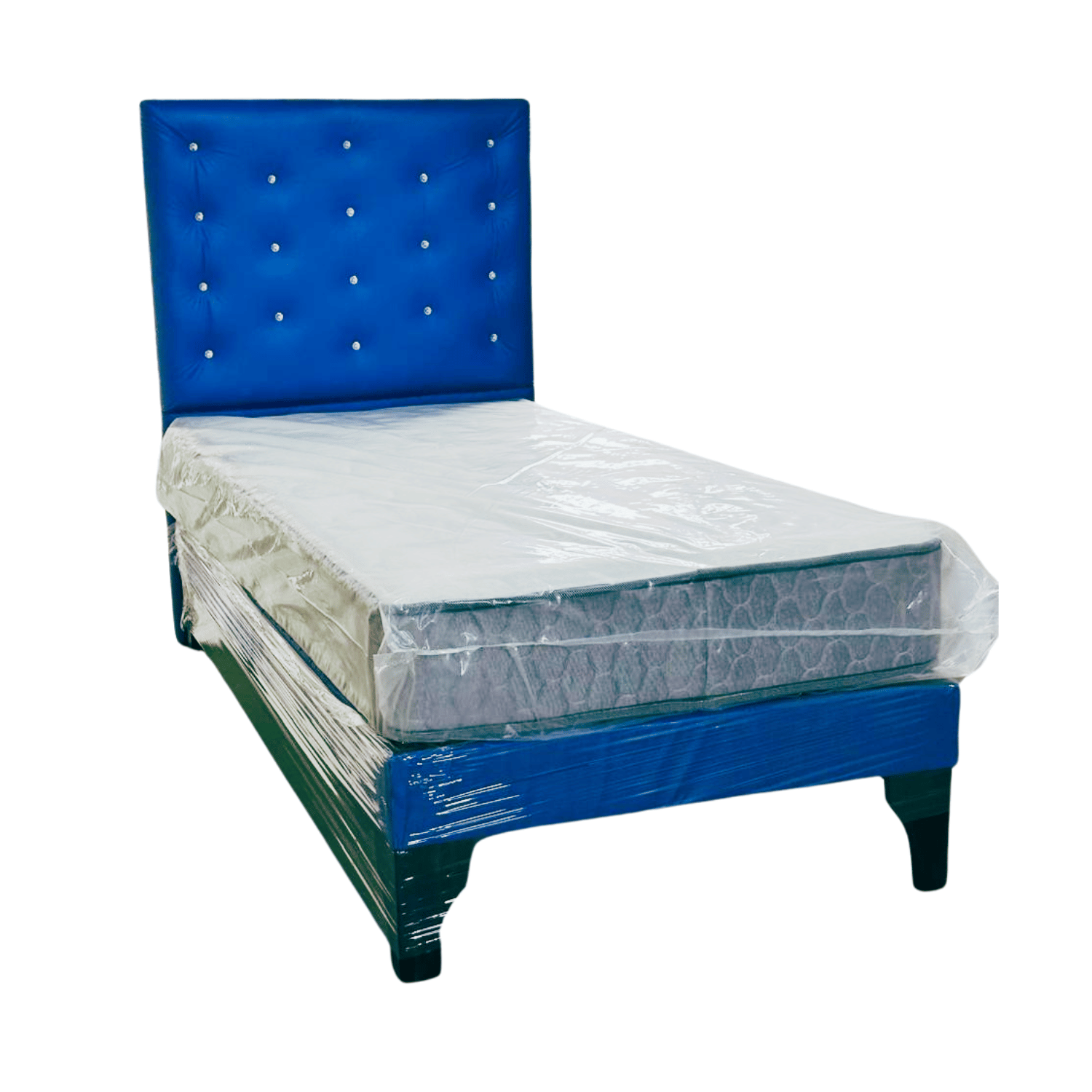 CAMA EUROPEA MUEBLES RIMAR 1 PLAZA RESPALDO AZUL ECO CUERO DIAMANTE COLCHON RESORTE - 2
