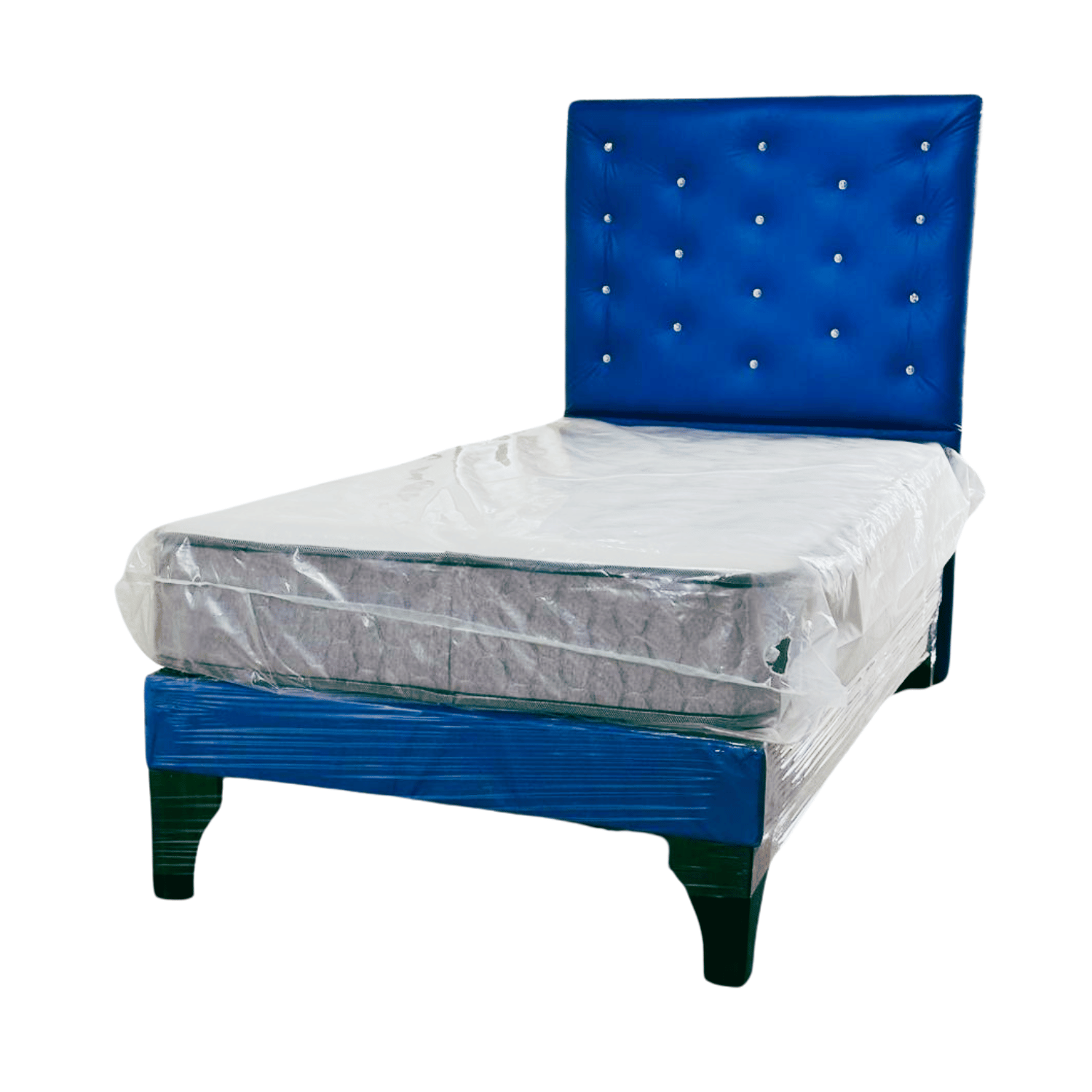 CAMA EUROPEA MUEBLES RIMAR 1 PLAZA RESPALDO AZUL ECO CUERO DIAMANTE COLCHON RESORTE - 3