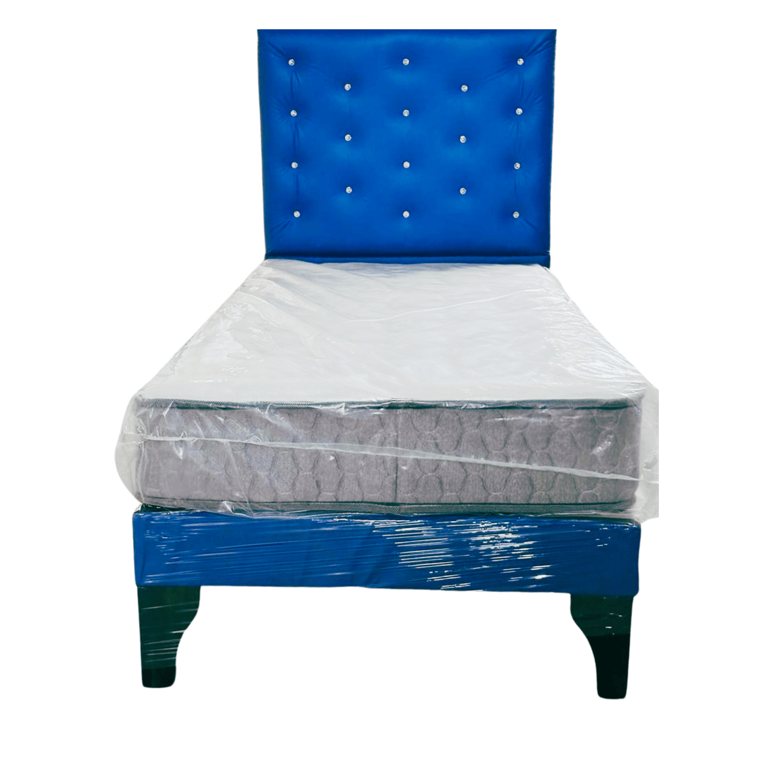 CAMA EUROPEA MUEBLES RIMAR 1 PLAZA RESPALDO AZUL ECO CUERO DIAMANTE COLCHON RESORTE - 4