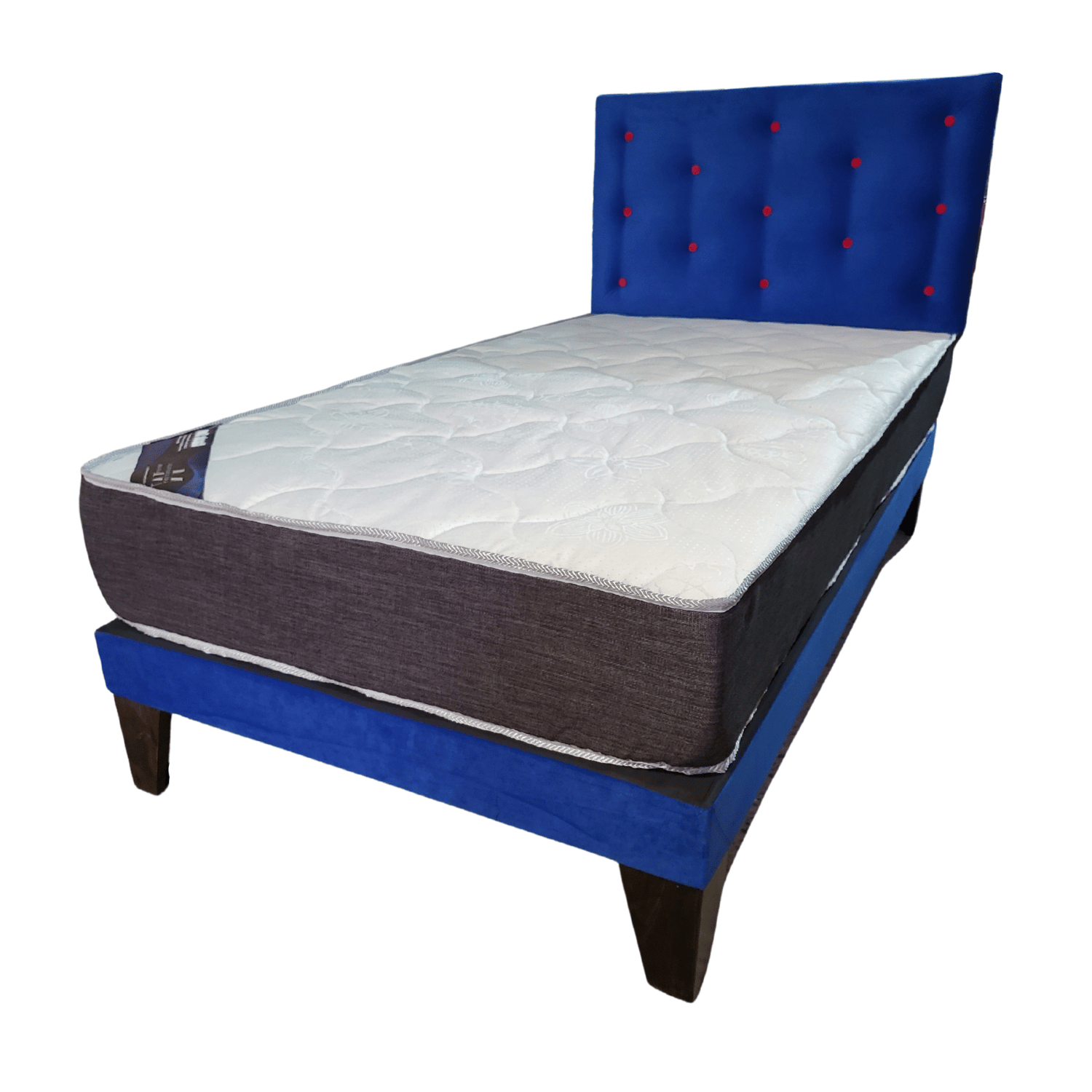 CAMA EUROPEA 1,5 PLAZA RESPALDO AZUL BOTON ROJO + COLCHON DE RESORTE RIMAR - 3