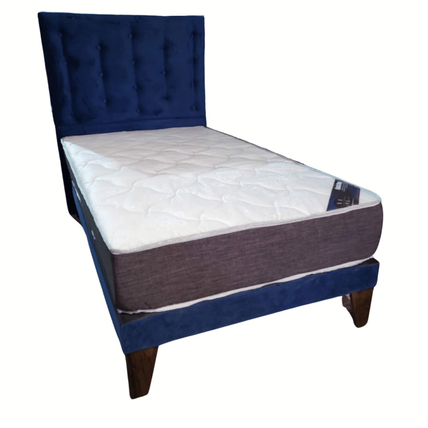 CAMA EUROPEA 1,5 PLAZAS RESPALDO A PISO AZUL MARINO FELPA + COLCHON DE RESORTE RIMAR - 2