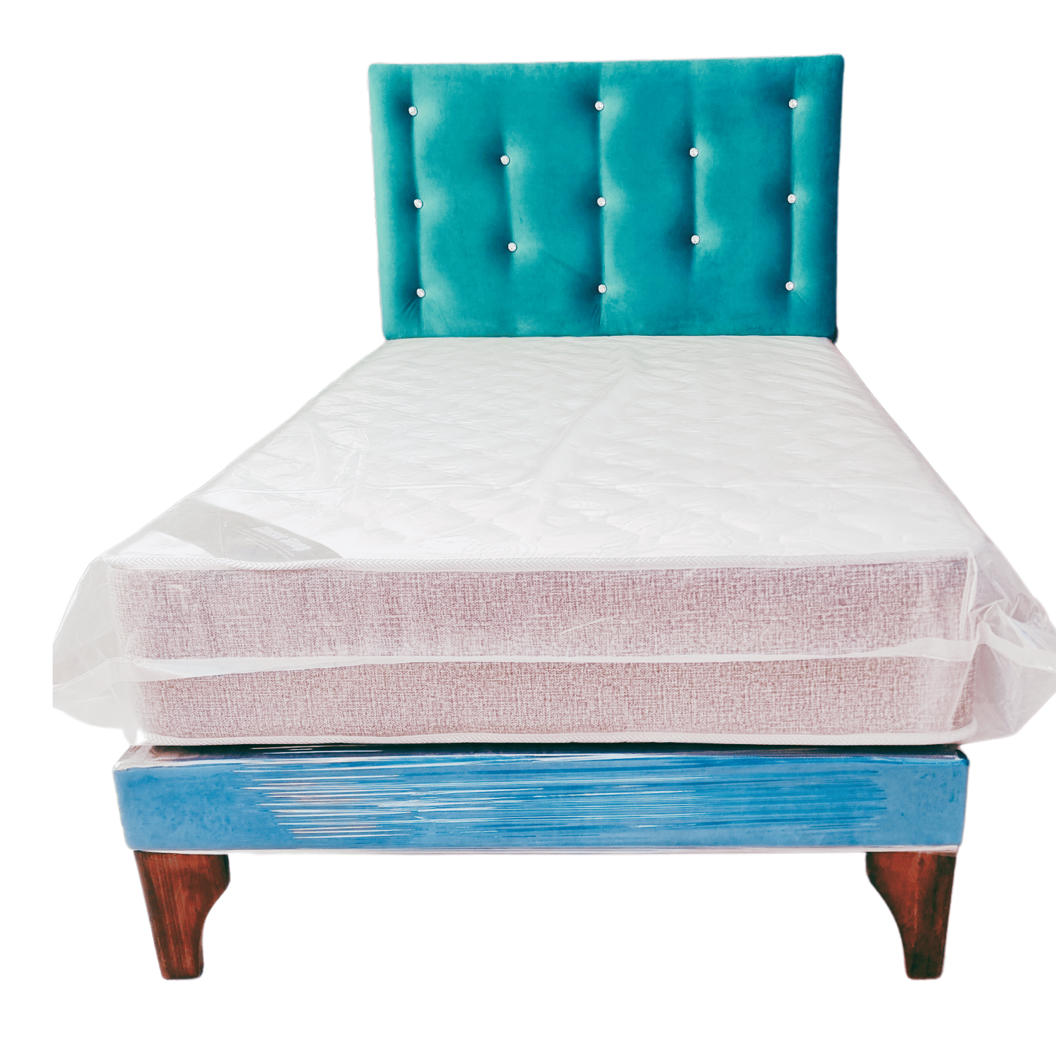 CAMA EUROPEA 1,5  PLAZA RESPALDO TURQUESA DIAMANTE FELPA + COLCHON DE RESORTE RIMAR - 1