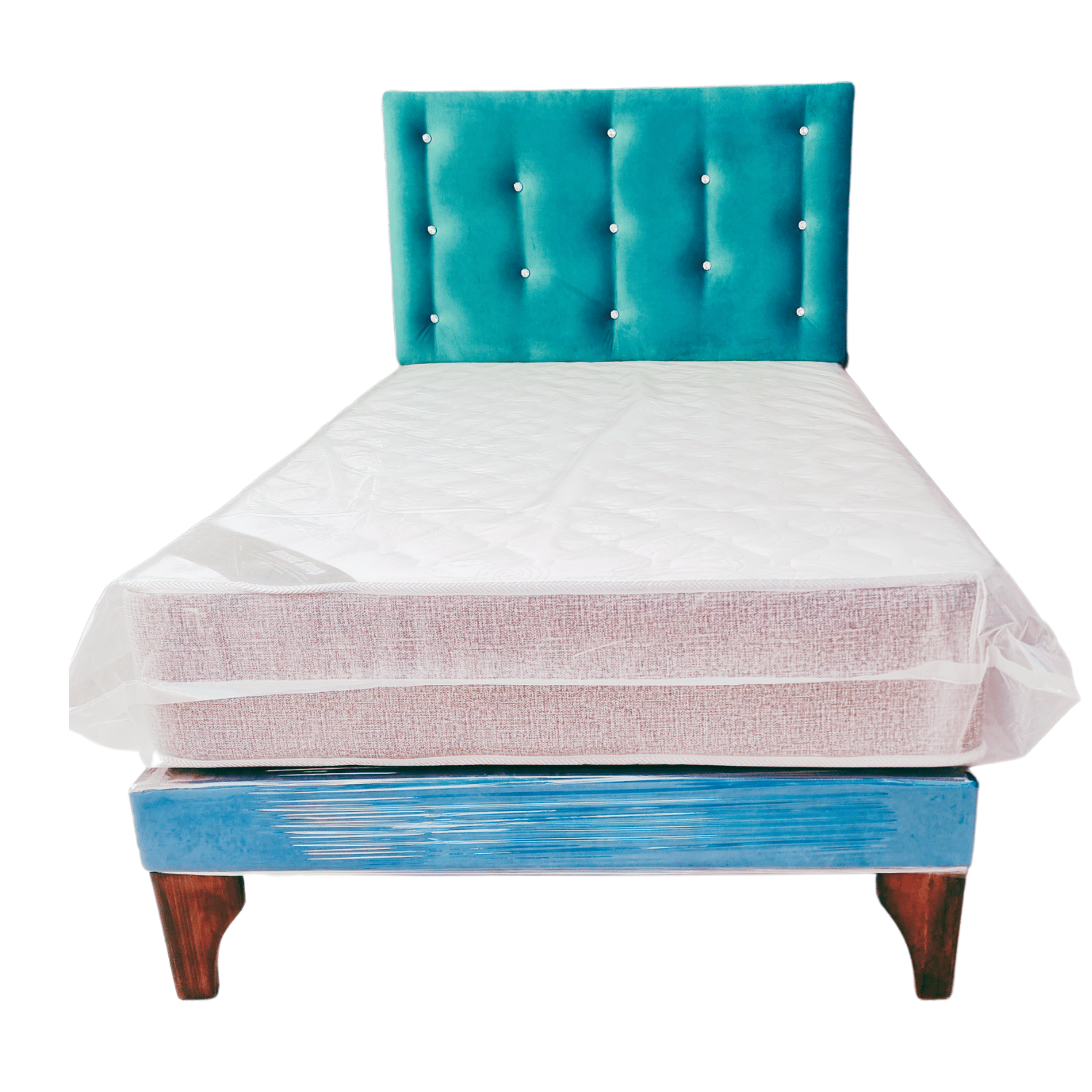 CAMA EUROPEA 1,5  PLAZA RESPALDO TURQUESA DIAMANTE FELPA + COLCHON DE RESORTE RIMAR - 4