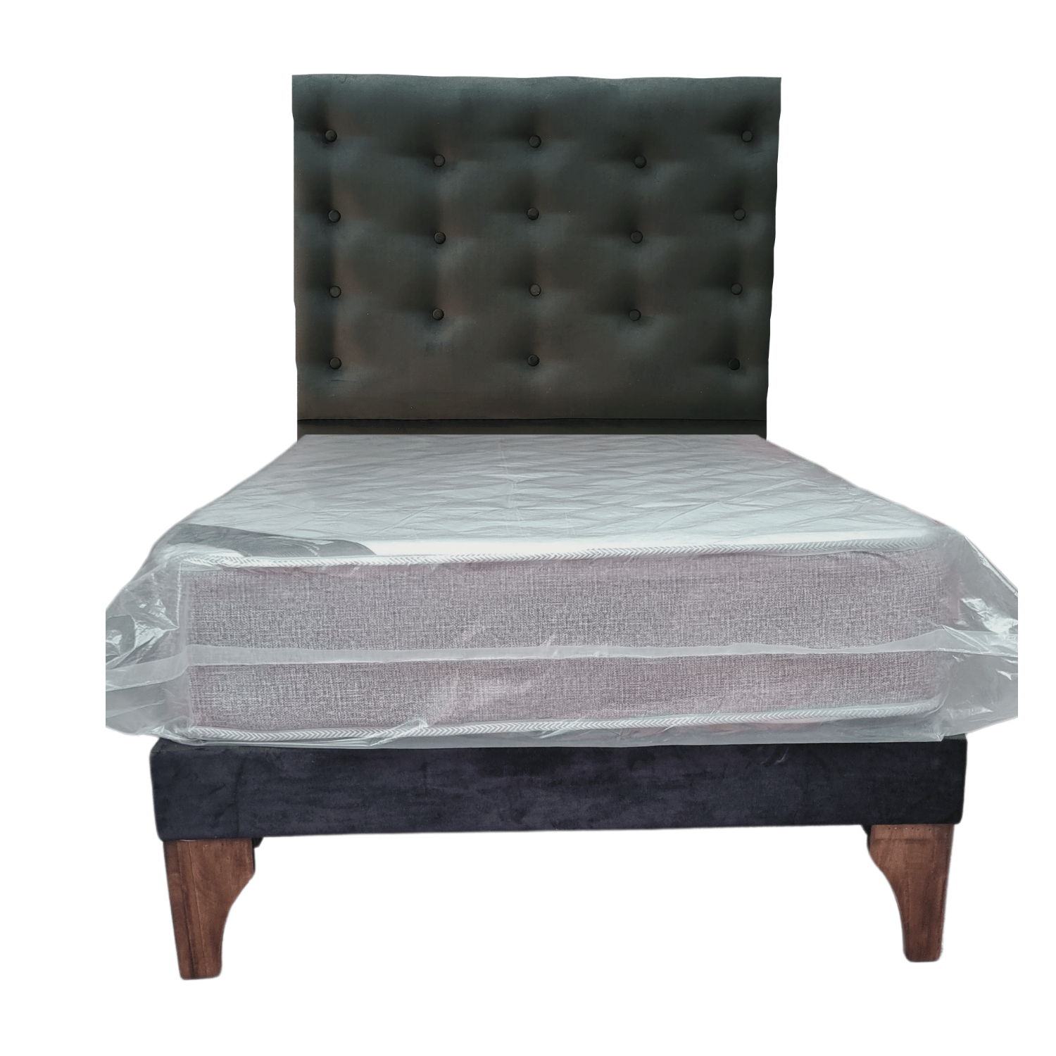 CAMA EUROPEA 1 PLAZAS RESPALDO A PISO NEGRO FELPA + COLCHON DE RESORTE RIMAR - 1