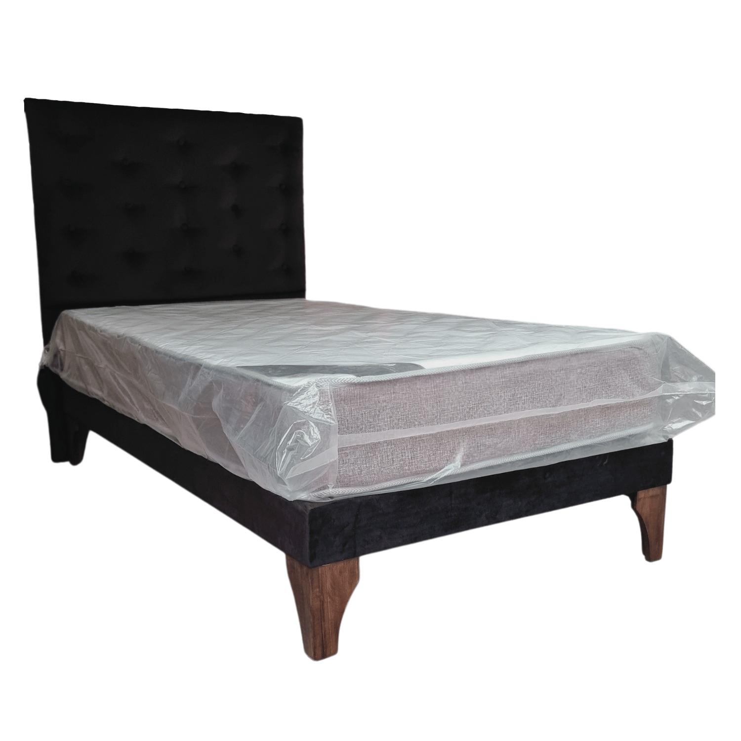 CAMA EUROPEA 1 PLAZAS RESPALDO A PISO NEGRO FELPA + COLCHON DE RESORTE RIMAR - 2