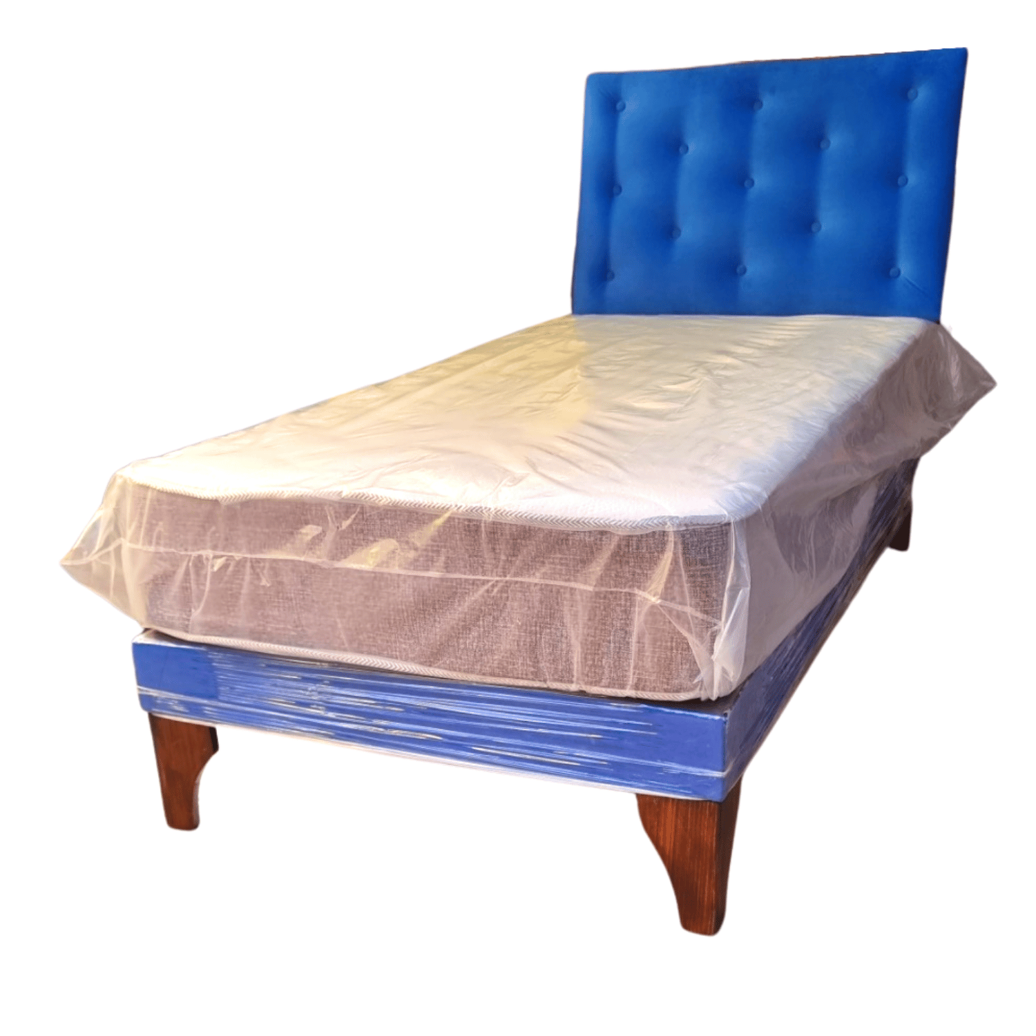 CAMA EUROPEA 1 PLAZA RESPALDO AZUL FELPA + COLCHON DE RESORTE RIMAR - 3