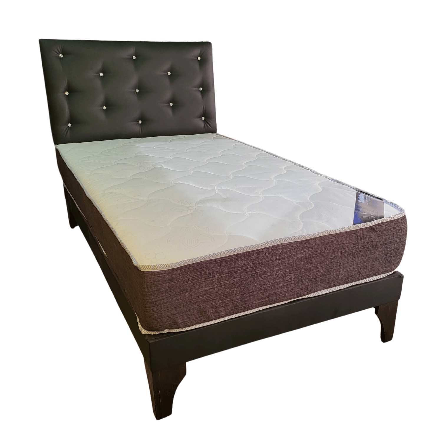 CAMA EUROPEA 1,5 PLAZA RESPALDO NEGRO ECO CUERO DIAMANTE + COLCHON DE RESORTE RIMAR - 2