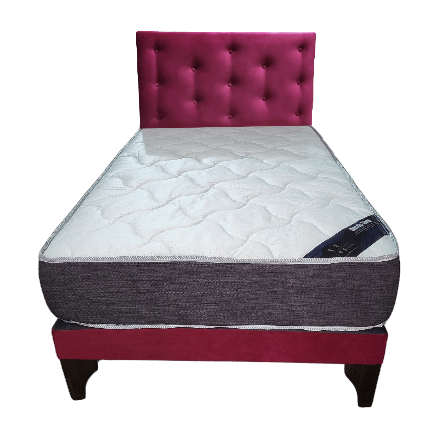 CAMA EUROPEA 1 PLAZA RESPALDO BURDEO FELPA + COLCHON DE RESORTE RIMAR - 1