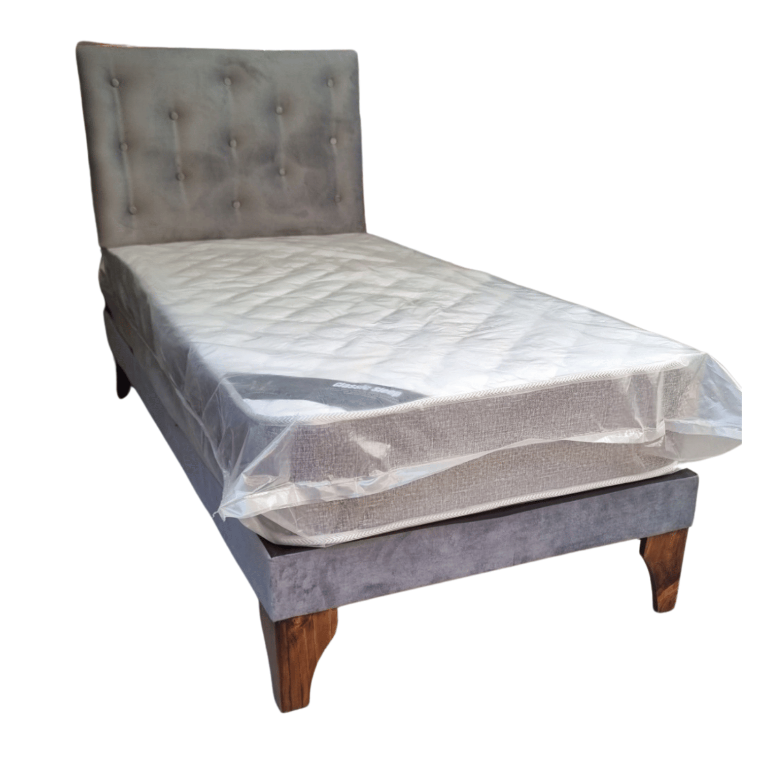 CAMA EUROPEA 1,5 PLAZA RESPALDO GRIS FELPA + COLCHON DE RESORTE RIMAR - 2