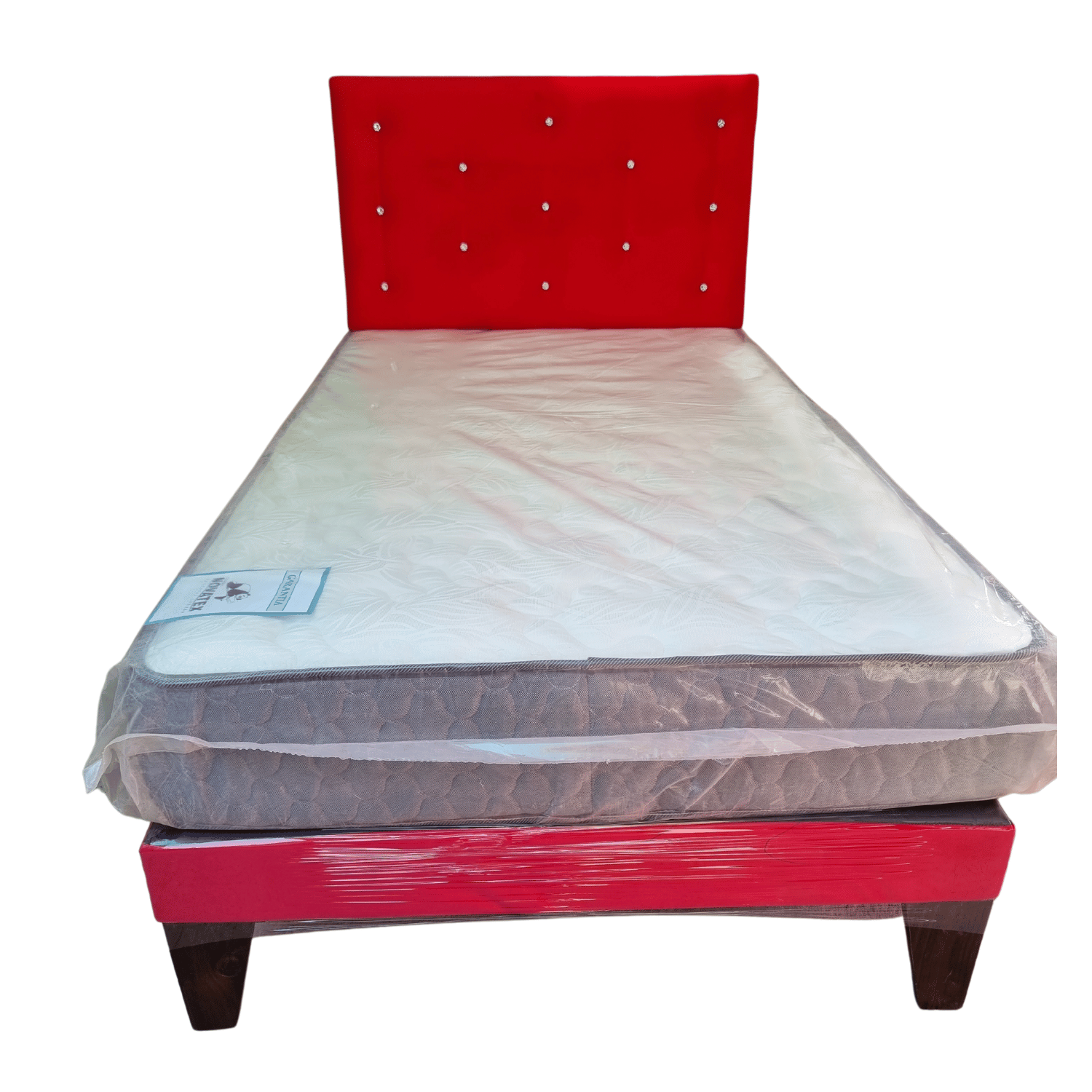 CAMA EUROPEA 1 PLAZA RESPALDO ROJO DIAMANTE FELPA + COLCHON DE RESORTE RIMAR - 1