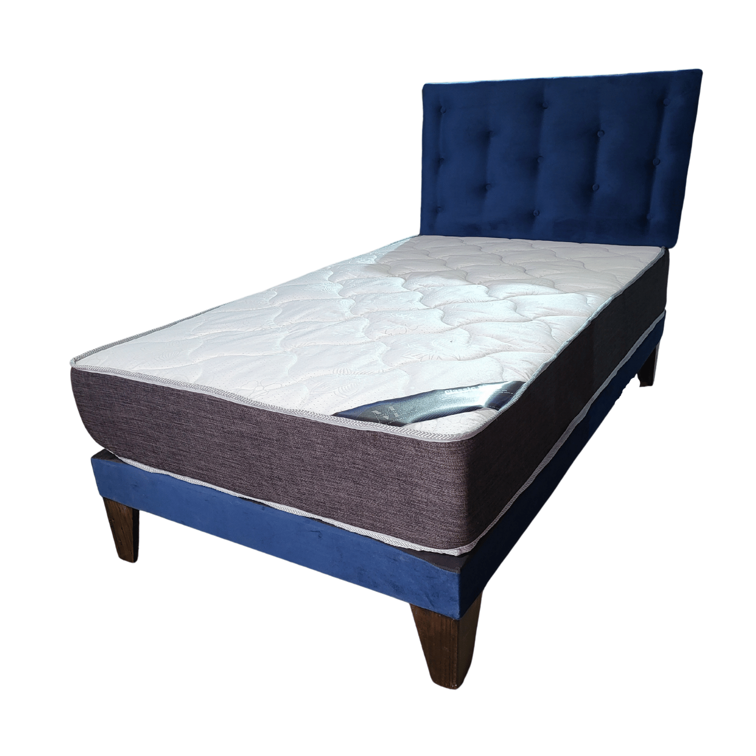 CAMA EUROPEA 1,5 PLAZA RESPALDO AZUL MARINO FELPA + COLCHON DE RESORTE RIMAR - 2