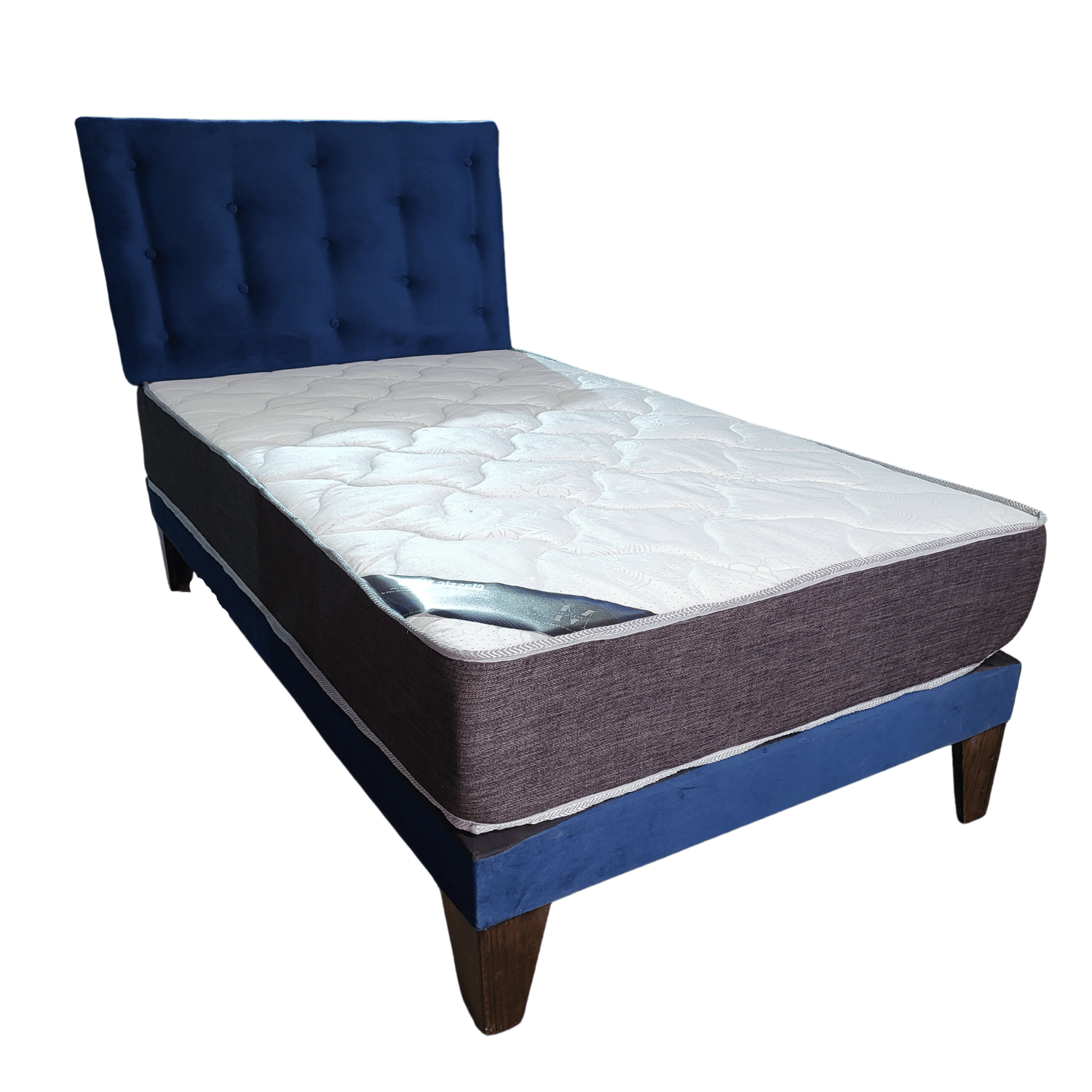 CAMA EUROPEA 1,5 PLAZA RESPALDO AZUL MARINO FELPA + COLCHON DE RESORTE RIMAR - 3