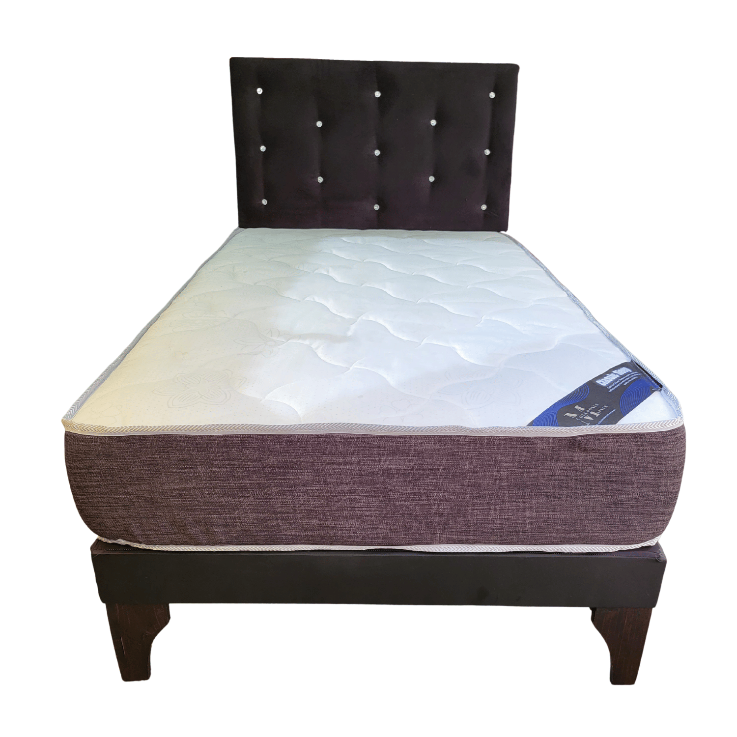 CAMA EUROPEA 1 PLAZA RESPALDO NEGRO FELPA DIAMANTE + COLCHON DE RESORTE RIMAR - 1