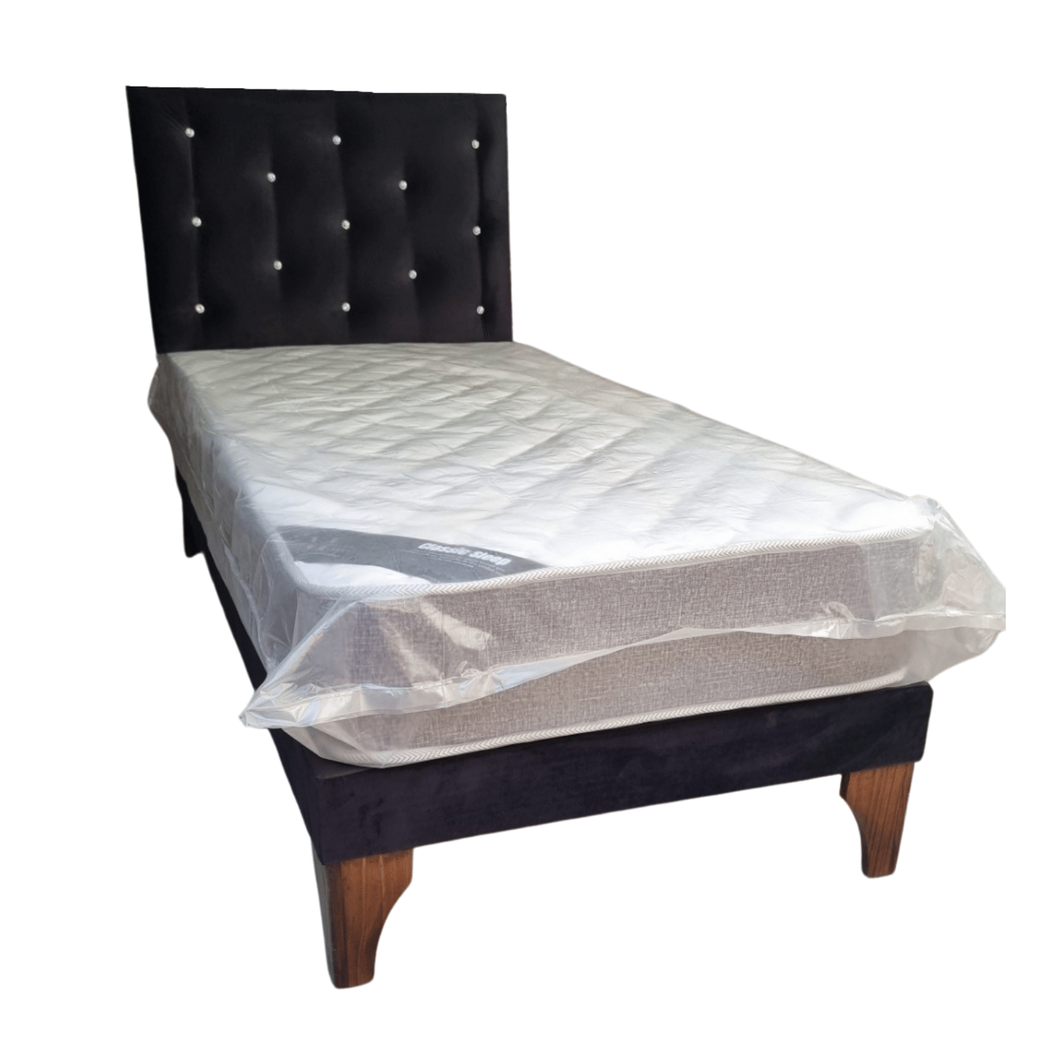 CAMA EUROPEA 1 PLAZA RESPALDO NEGRO FELPA DIAMANTE + COLCHON DE RESORTE RIMAR - 2