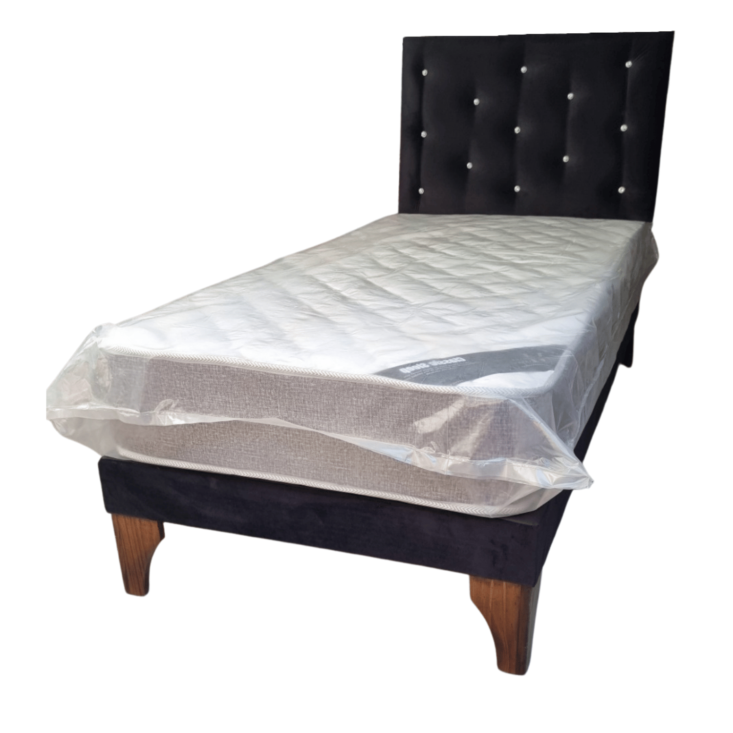 CAMA EUROPEA 1 PLAZA RESPALDO NEGRO FELPA DIAMANTE + COLCHON DE RESORTE RIMAR - 3
