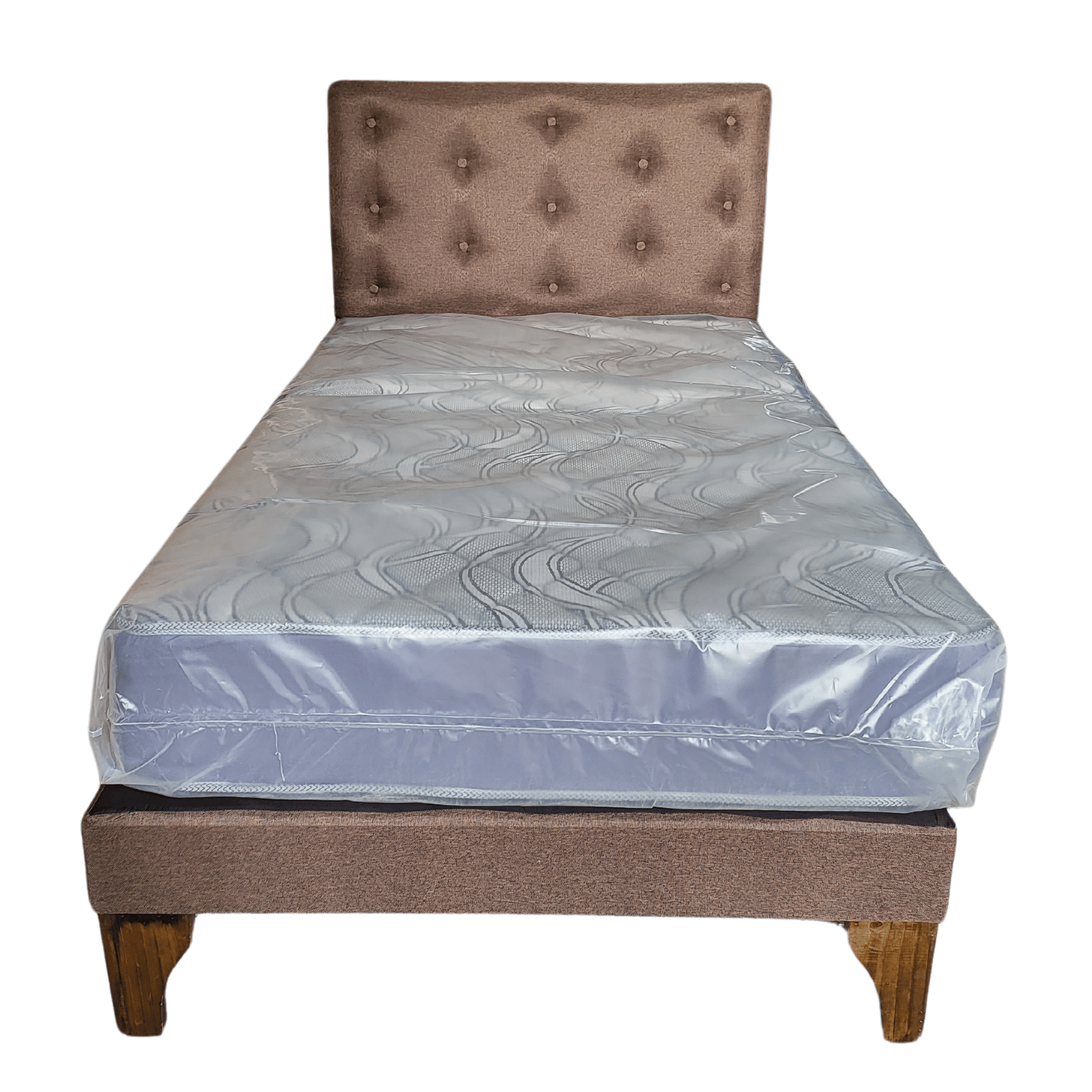 CAMA EUROPEA 1 PLAZA RESPALDO CAFÉ LINO + COLCHON DE RESORTE RIMAR - 1