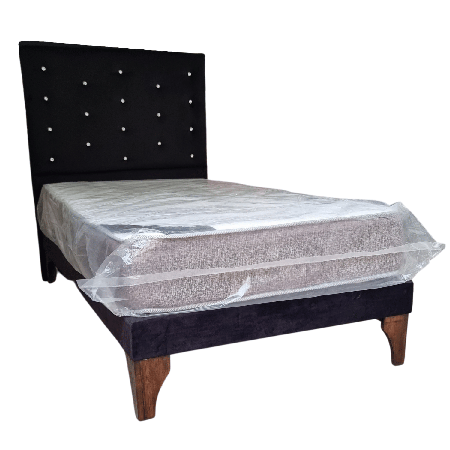CAMA EUROPEA 1,5 PLAZAS RESPALDO A PISO NEGRO FELPA DIAMANTE + COLCHON DE RESORTE RIMAR - 2
