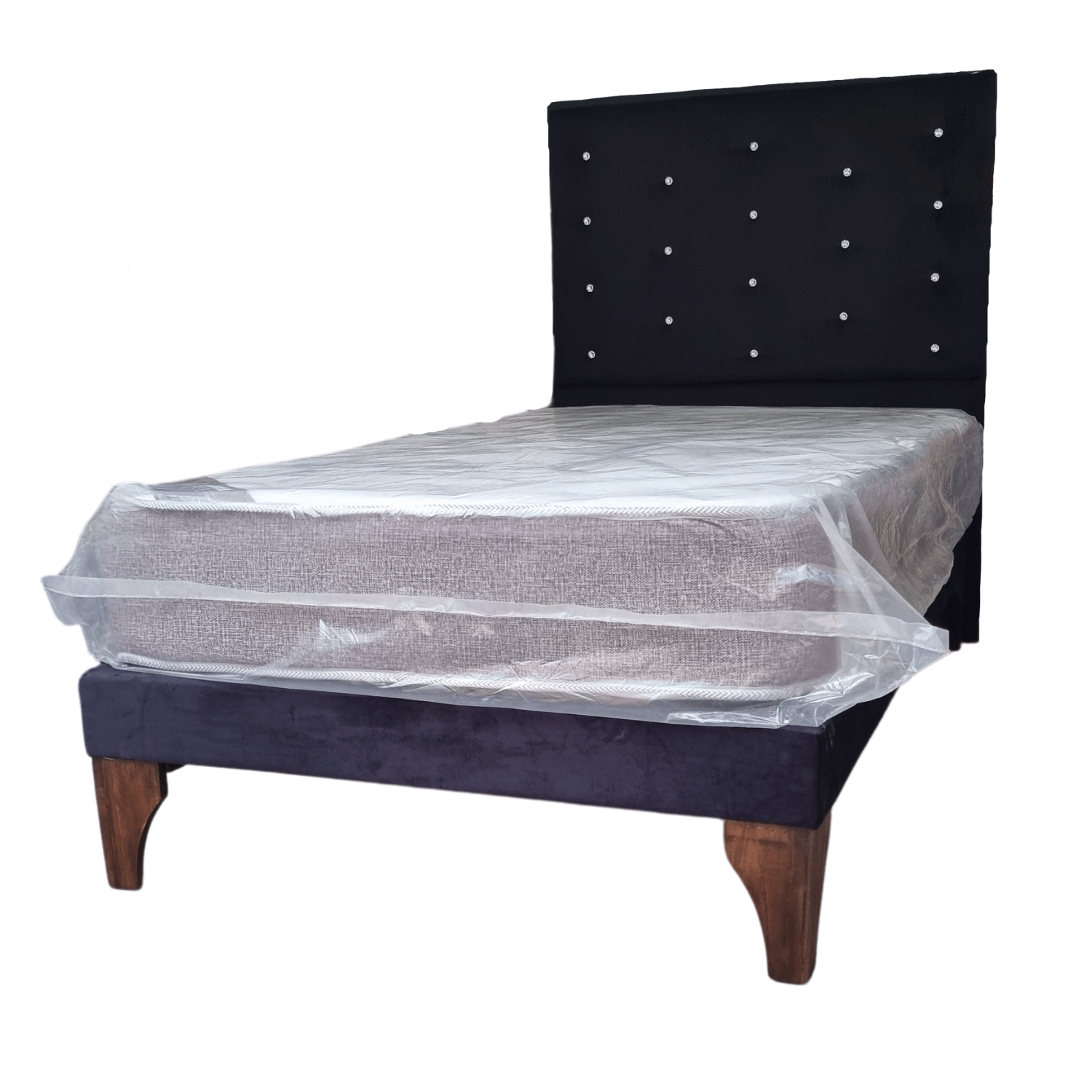CAMA EUROPEA 1,5 PLAZAS RESPALDO A PISO NEGRO FELPA DIAMANTE + COLCHON DE RESORTE RIMAR - 3