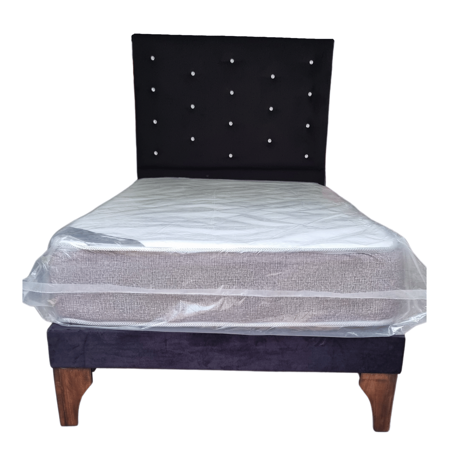 CAMA EUROPEA 1,5 PLAZAS RESPALDO A PISO NEGRO FELPA DIAMANTE + COLCHON DE RESORTE RIMAR - 4