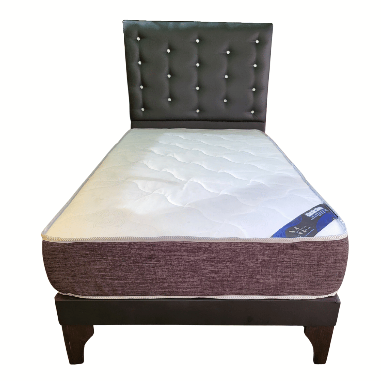 CAMA EUROPEA 1,5 PLAZAS RESPALDO A PISO NEGRO ECO CUERO DIAMANTE + COLCHON DE RESORTE RIMAR - 1