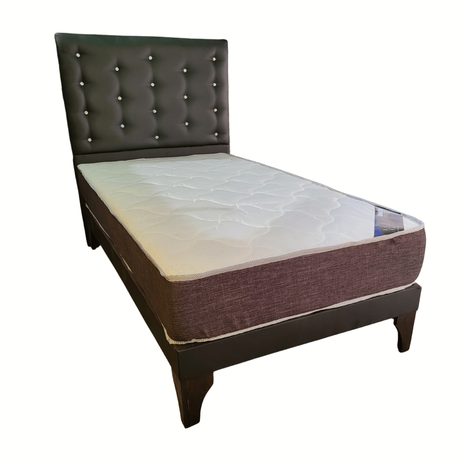 CAMA EUROPEA 1,5 PLAZAS RESPALDO A PISO NEGRO ECO CUERO DIAMANTE + COLCHON DE RESORTE RIMAR - 2