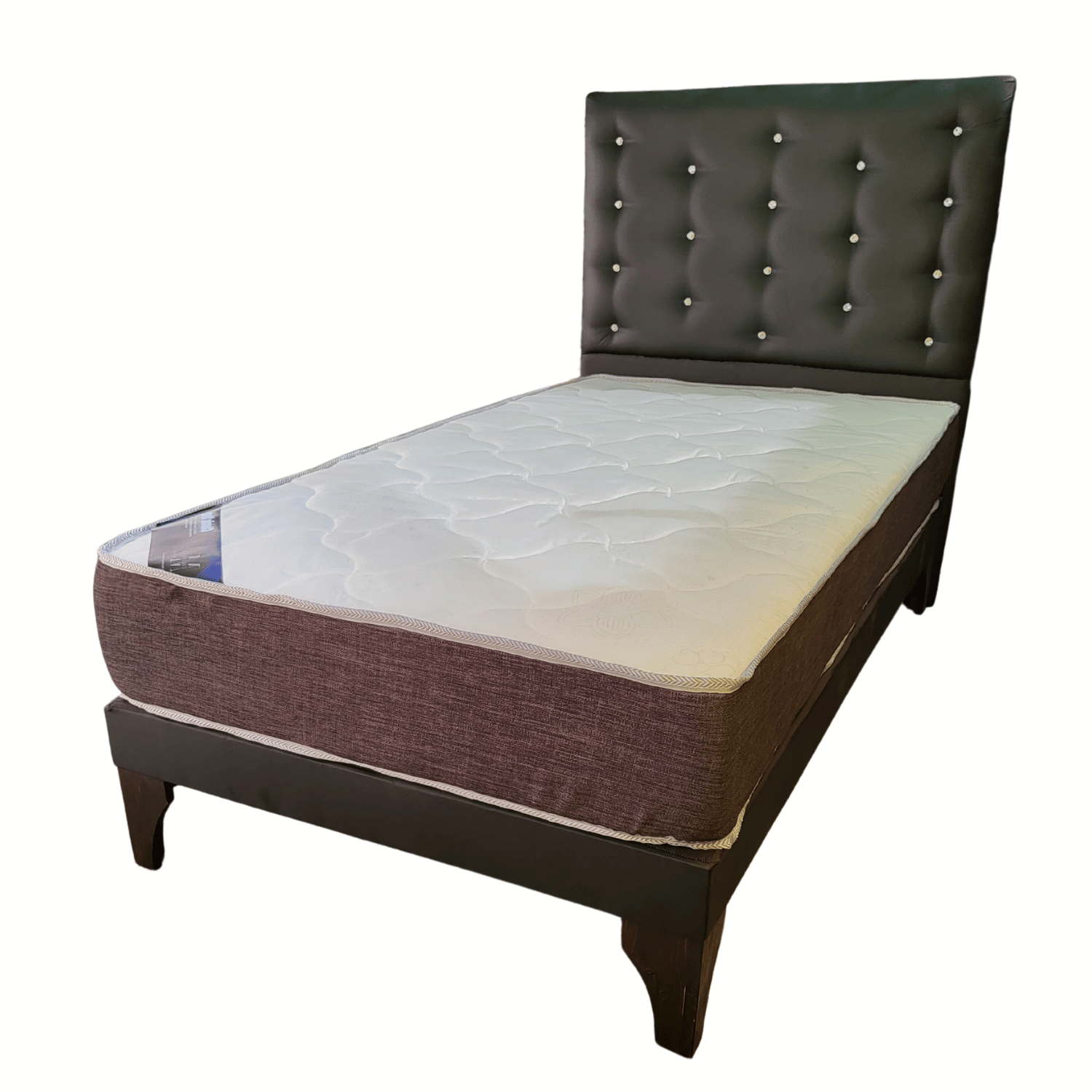 CAMA EUROPEA 1,5 PLAZAS RESPALDO A PISO NEGRO ECO CUERO DIAMANTE + COLCHON DE RESORTE RIMAR - 3