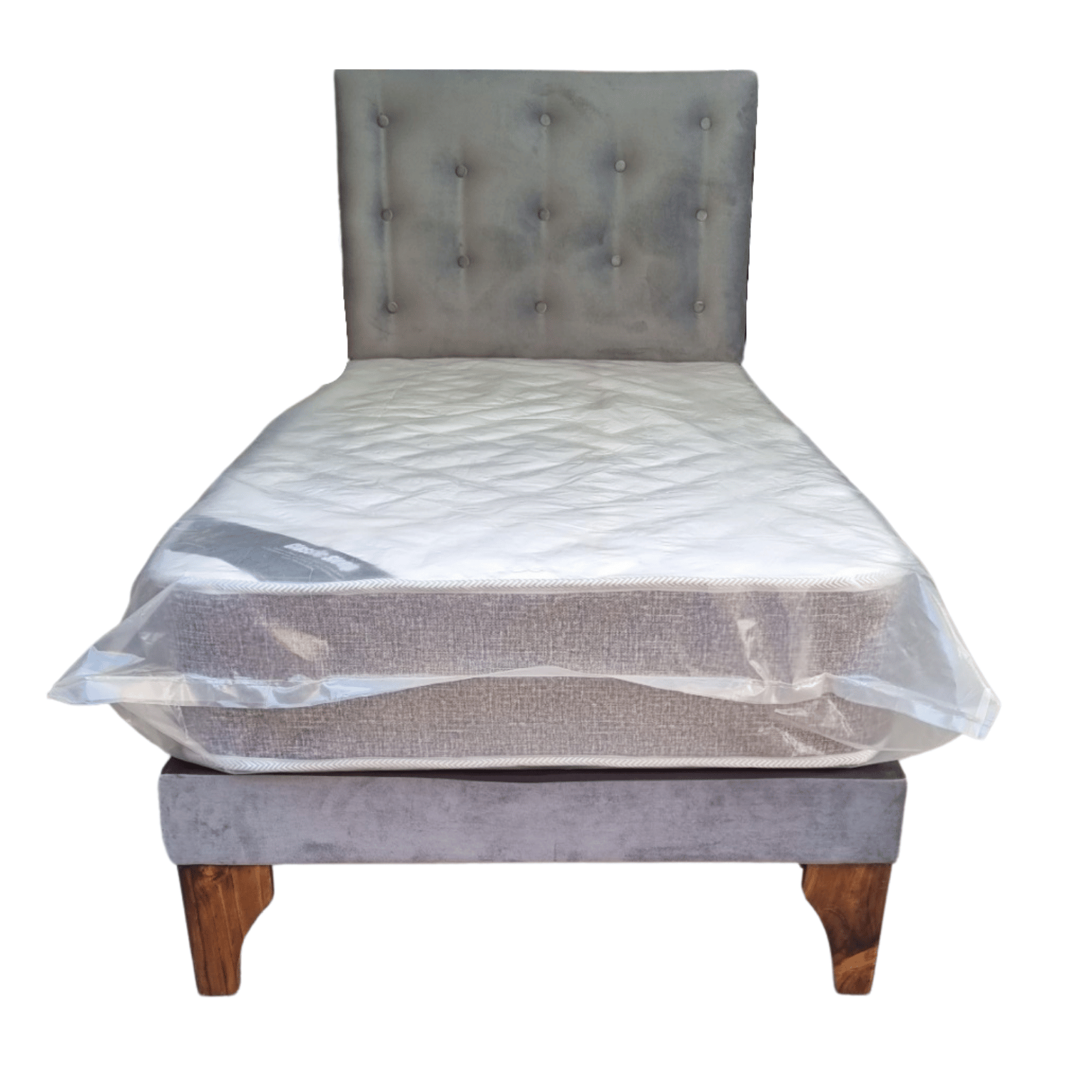 CAMA EUROPEA 1 PLAZA RESPALDO GRIS FELPA + COLCHON DE RESORTE RIMAR - 1