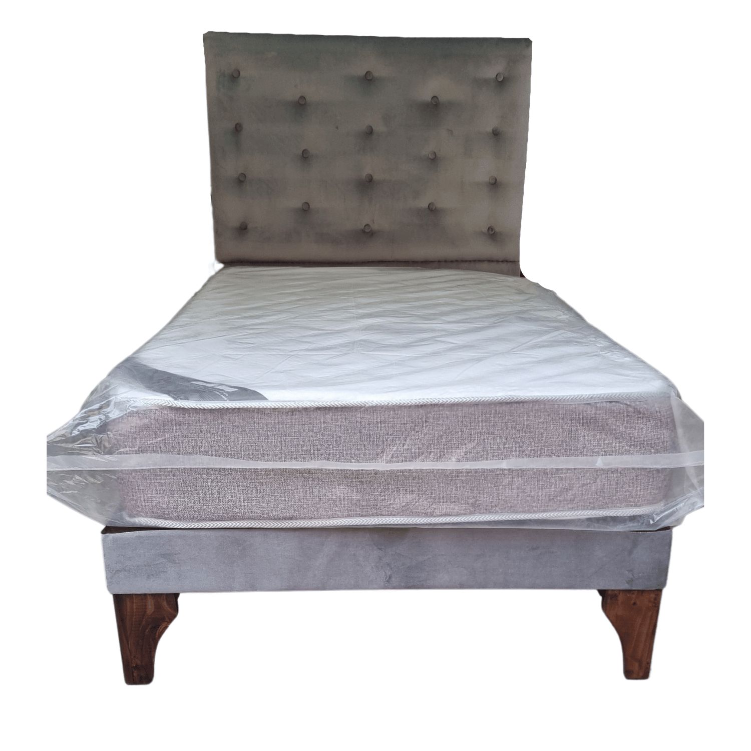 CAMA EUROPEA 1,5 PLAZAS RESPALDO A PISO GRIS FELPA + COLCHON DE RESORTE RIMAR - 4