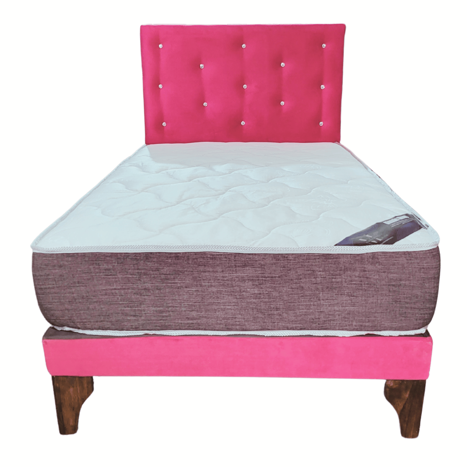 CAMA EUROPEA 1 PLAZA RESPALDO FUCSIA BOTON DIAMANTE FELPA + COLCHON DE RESORTE - 1