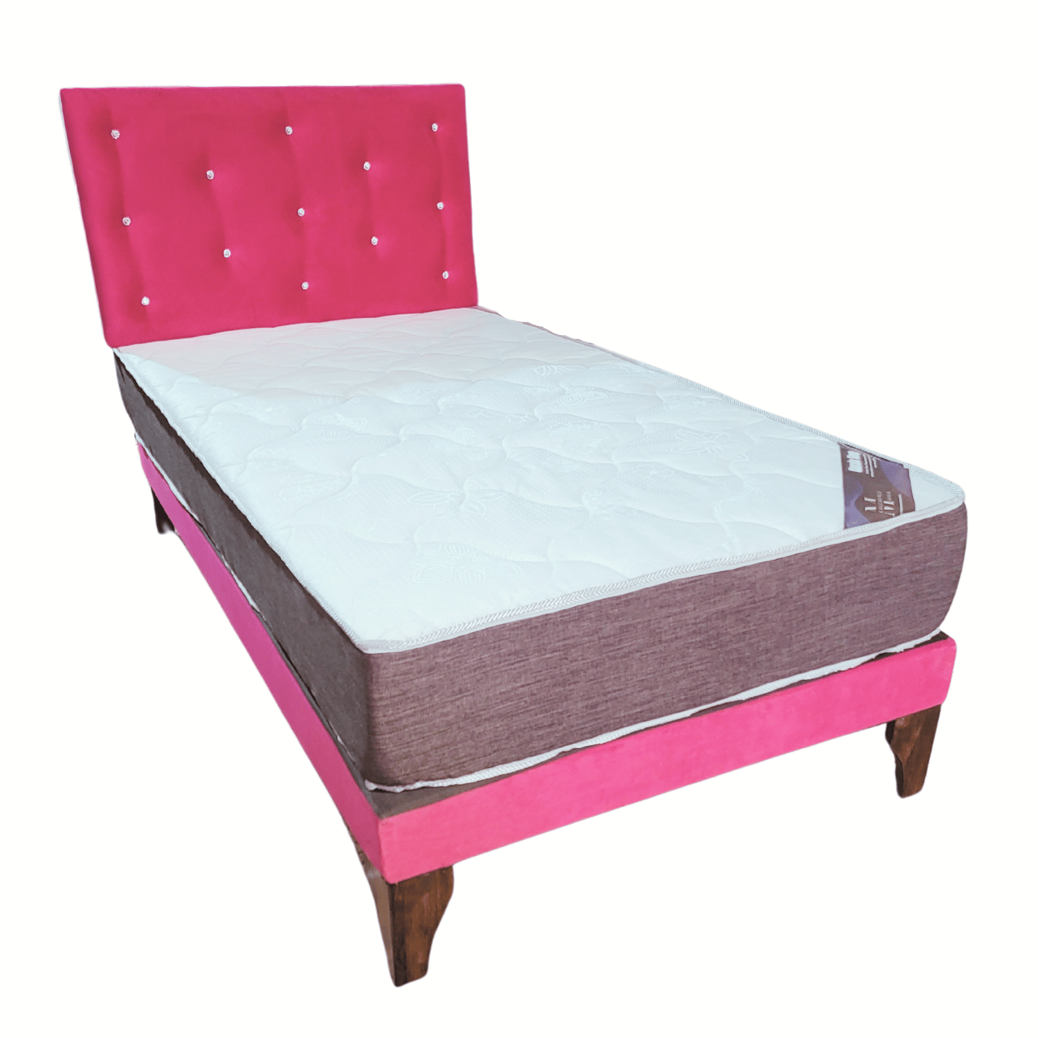CAMA EUROPEA 1 PLAZA RESPALDO FUCSIA BOTON DIAMANTE FELPA + COLCHON DE RESORTE - 2