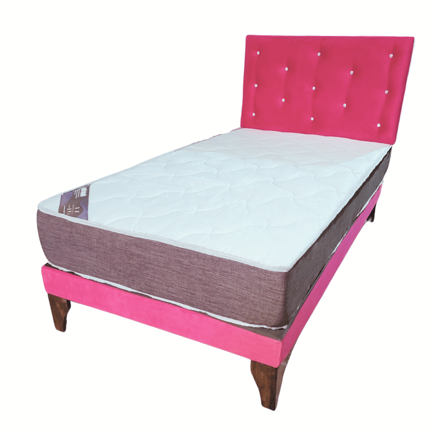 CAMA EUROPEA 1 PLAZA RESPALDO FUCSIA BOTON DIAMANTE FELPA + COLCHON DE RESORTE - 3