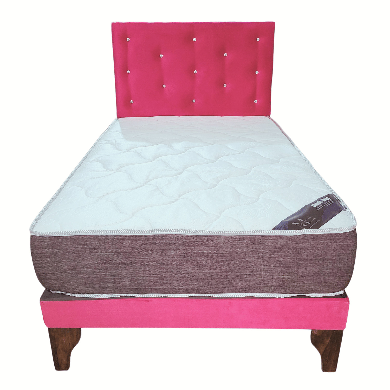 CAMA EUROPEA 1 PLAZA RESPALDO FUCSIA BOTON DIAMANTE FELPA + COLCHON DE RESORTE - 4