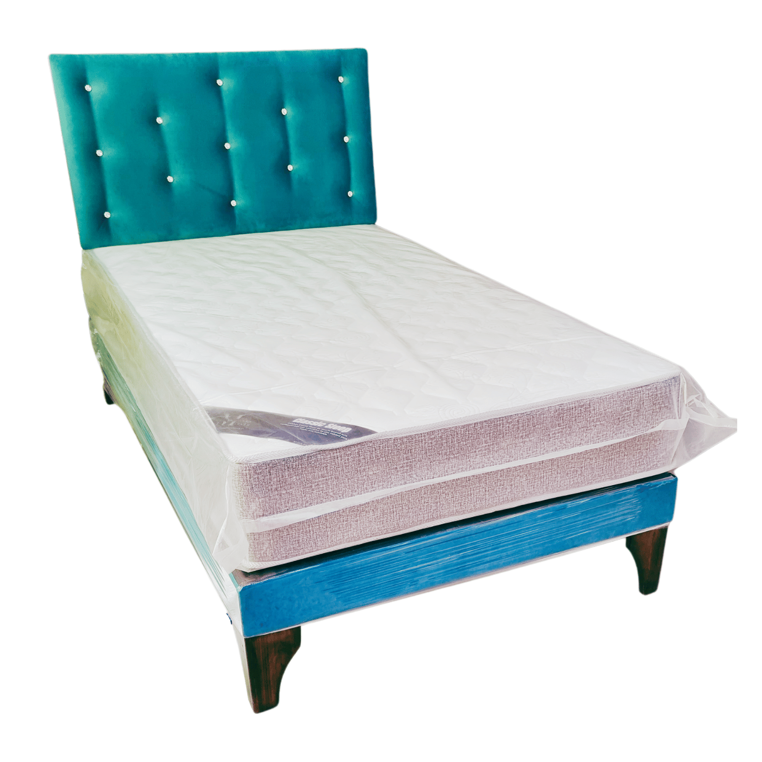 CAMA EUROPEA 1 PLAZA RESPALDO TURQUESA DIAMANTE FELPA + COLCHON DE RESORTE RIMAR - 2