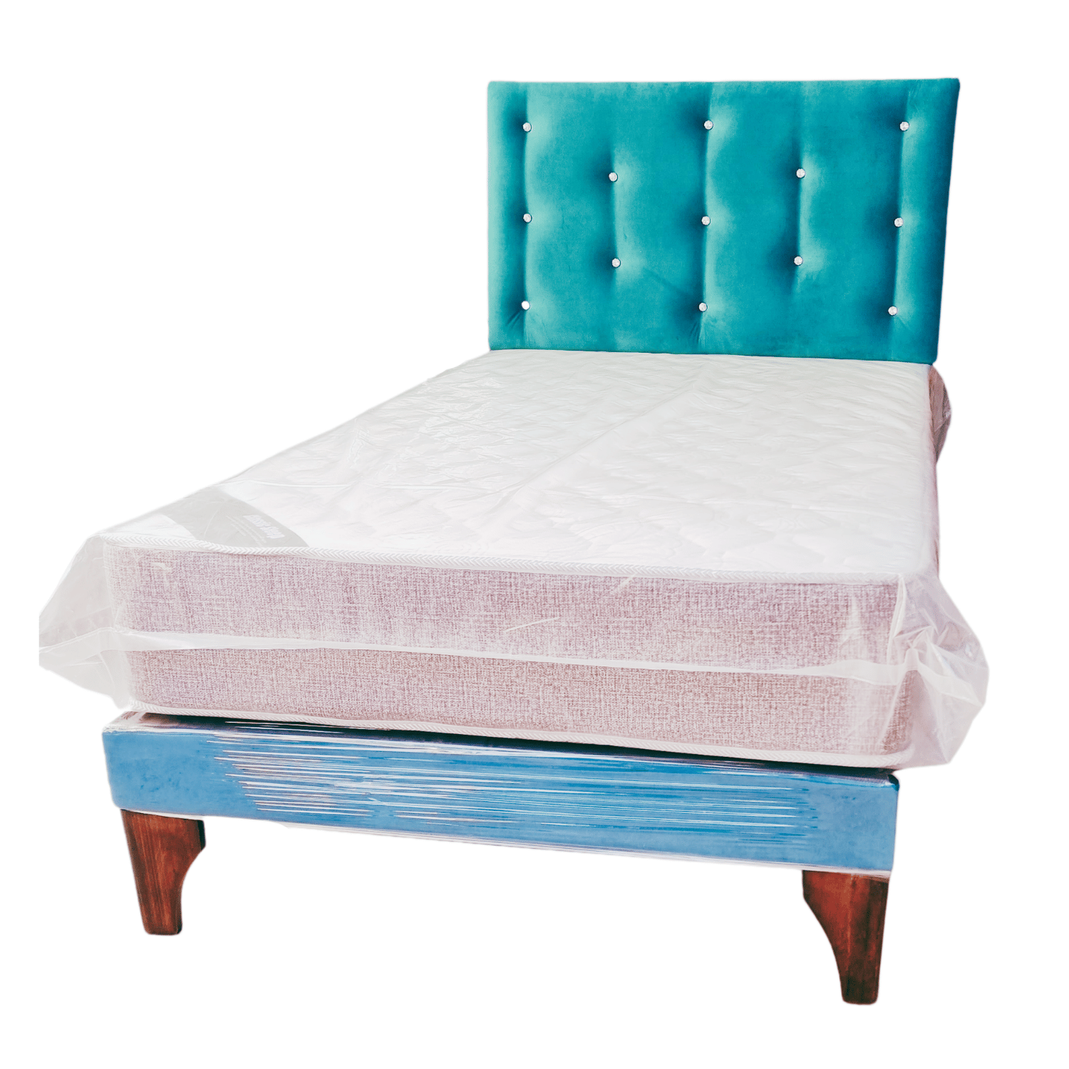 CAMA EUROPEA 1 PLAZA RESPALDO TURQUESA DIAMANTE FELPA + COLCHON DE RESORTE RIMAR - 3