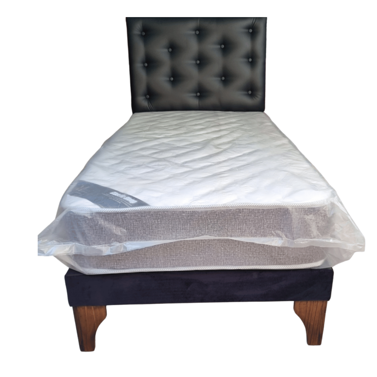 CAMA EUROPEA 1 PLAZA RESPALDO NEGRO ECO CUERO + COLCHON DE RESORTE RIMAR - 1